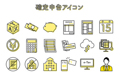 確定申告のシンプルな線画アイコンセット