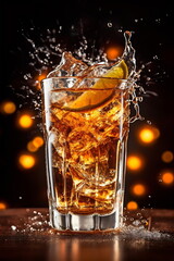 Cocktail splashing in glass on dark background