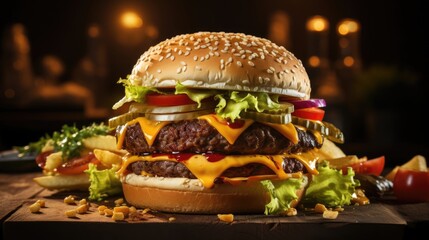 Large appetizing hamburger with meat cutlet and vegetables. Juicy and nutritious fast food. - obrazy, fototapety, plakaty