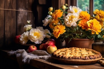 Obraz na płótnie Canvas Closeup homemade pie with peaches