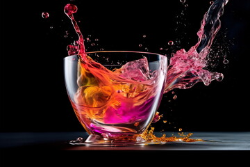 Drink in glass splashing on dark background