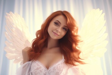 Beautiful Smiling Red Hair Female Holy Golden White Angel Background - Angel with Empty Copy Space for Text and Ads - Beautiful Smiling Female Angel Wallpaper created with Generative AI Technology