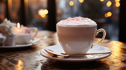 A cup of hot drink stands on a saucer on a wooden table against the backdrop of blurry cafe lights.