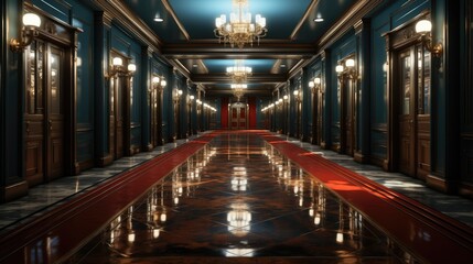 Chic interior of an elite hotel with many expensive things. View of a cozy corridor.