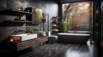 Fashionable bathroom in gray. Interior Design. Minimalistic style.