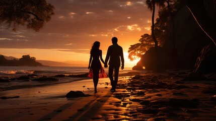 Silhouettes of a man and woman walking along the beach holding hands. Against the backdrop of the ocean and sunset.