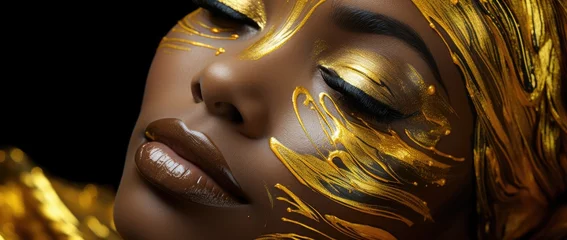 Beautiful girl with fashionable makeup and golden paint on her face. Close-up. Theme of glamor and fashionable image. © Boomanoid