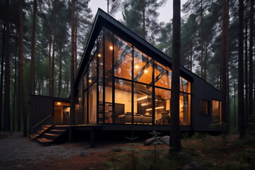 Luxurious modern house with big windows and forest around