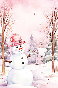 Watercolor Pink Snowman Digital Papers, Pastel Pink Snowman Backgrounds, Pink Winter Backgrounds
