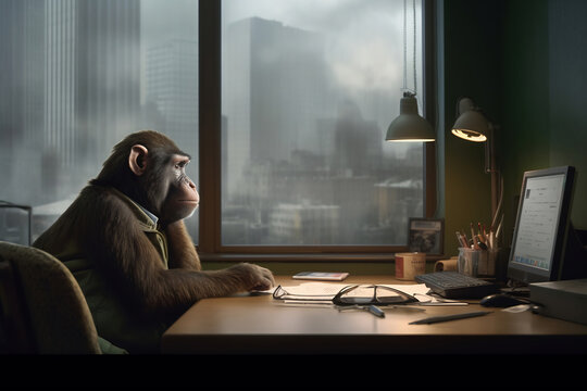 A monkey dressed like a businessman and sitting at the table