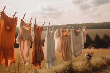 Clothes hanging on a clothesline with wooden clothespins. The calm rural village life in the background. Cottagecore