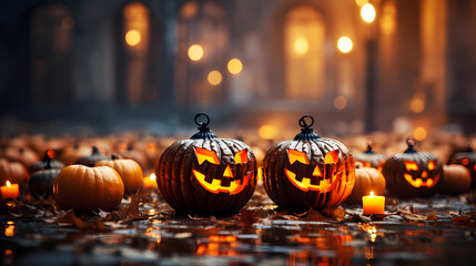 Halloween night, illuminated carved pumpkins