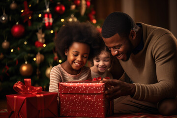 Happy family opens presents on Christmas Day