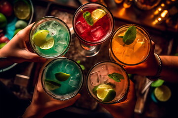 People hands holding different colored cocktails with ice in the bar. Top view - obrazy, fototapety, plakaty