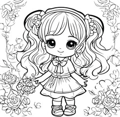 Cute little girl in a floral dress. Vector illustration for coloring book.
