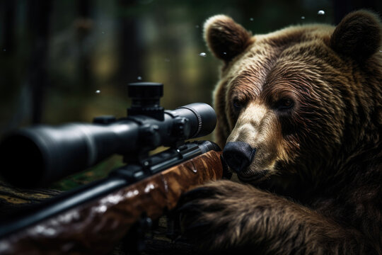 The wheel of fortune turns. The bear holding a rifle and aiming at the hunter. The hunted becomes the hunter