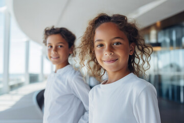 Smiling siblings posing by the window.