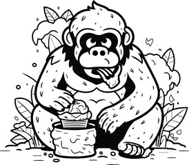 Gorilla eating honey. Black and white vector illustration for coloring book