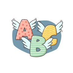 Cartoon flying alphabet. letters with wings doodle illustration