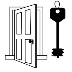 Open door with modern key security concept. Illustration icon. Commercial offer. Buying real estate