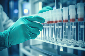 Medical Gloves Handling Test Tube Vials in Laboratory, Vaccine, Covid - Generative AI