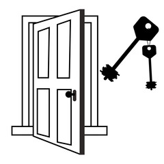 Open door with modern key security concept. Illustration icon. Commercial offer. Buying real estate