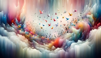 An abstract realm of floating musical notes that transform into colorful birds. The backdrop is a cascade of soft watercolors, symphony of visuals,interplay between music and nature. - obrazy, fototapety, plakaty