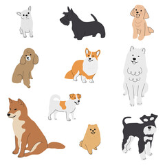 Collection of cute baby dogs cartoon hand drawn style. Collection of dog characters, flat illustration for design, decor, print, stickers, posters. Vector illustration isolated on a white background.
