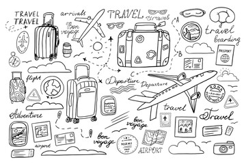 Cute travel set in doodle style. Suitcase, baggage, plane, fly, ticket, postcard, flight, boarding pass, clouds, view from the window, postage stamp, passport stamp, passport, route. Hand drawn