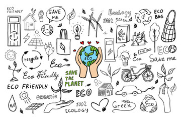Big set of ecology icons. Hand drawn. Sustainability, recycle, save the planet, eco friendly, organic, no plastic, go green, zero waste, reduce, ecological lifestyle, nature conservation. Doodle