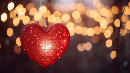 Festive garlands in the shape of hearts against a blurred bokeh background. Generation AI
