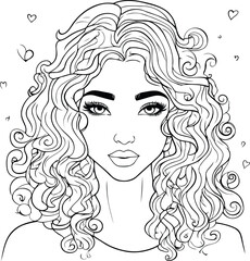 Beautiful girl with curly hair. Vector illustration for coloring book.