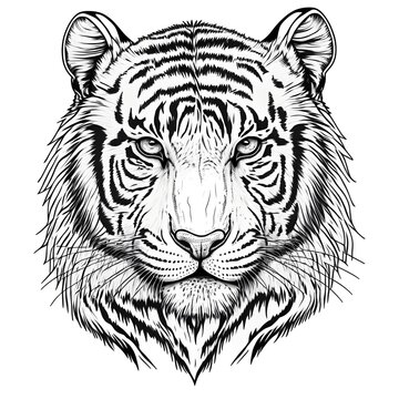 tiger head outline thick black lines solid white background coloring book style 