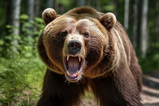 An alarming encounter with a menacing brown bear, as it dashes on the trail, roaring and baring its sharp teeth. Forest mishap. Generative AI