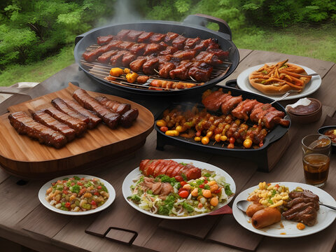 Cooked chicken grill food on wooden table. Image is generated with the use of an Artificial intelligence