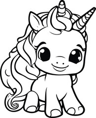 Black and White Cute Cartoon Unicorn Vector Illustration for Coloring Book