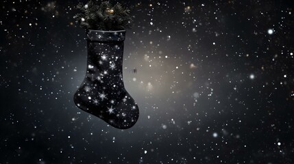 Isolated black Christmas Stocking in front of a festive Background. Cheerful Template with Copy...