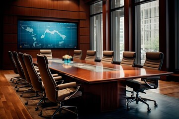 A corporate boardroom, featuring a gleaming mahogany table