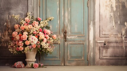 Ancient antique wooden door decorated with bouquets of flowers, entrance group. Generation AI