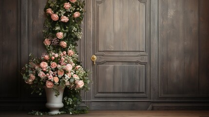 Ancient antique wooden door decorated with bouquets of flowers, entrance group. Generation AI
