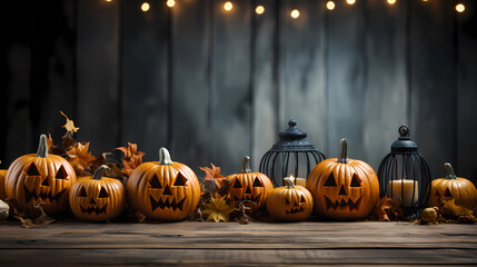 Halloween, orange pumpkins on a wooden table on a bokeh glowing background