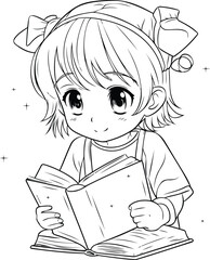 Cute little girl reading a book. Vector illustration for coloring book.