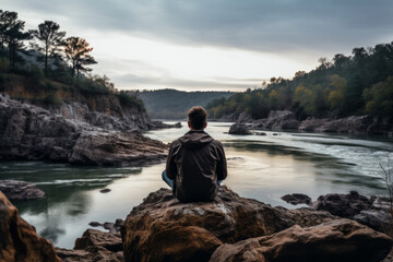 Fototapeta na wymiar Landscape of River with man sitting on rock