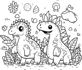 Coloring book for children. dinosaurs and flowers. Vector illustration.