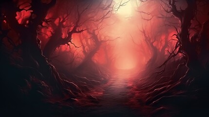 Dark mystical forest with fog, red accent. Generation AI