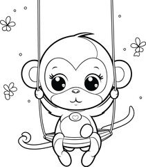 Cute monkey on a swing. Vector illustration for coloring book.