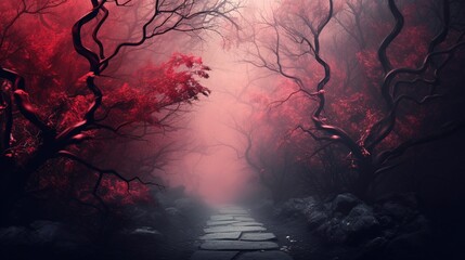Dark mystical forest with fog, red accent. Generation AI - obrazy, fototapety, plakaty