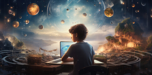 Portrait of a boy passionate about exploring the universe - obrazy, fototapety, plakaty