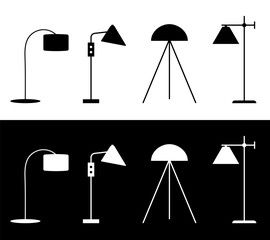 Set of black and white floor lamp icons. Vector flat icons