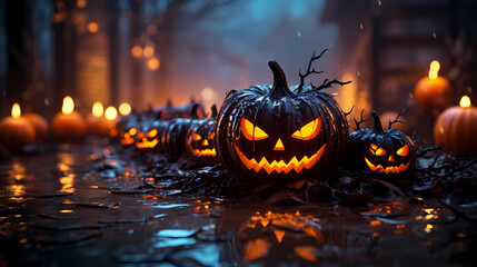 Halloween night, halloween pumpkin within flames in the graveyard  